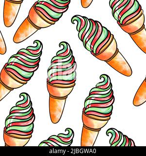 Nahtloses Rastermuster aus rot-grünem Eis in einer Waffelbecher mit Frucht- und Cremegeschmack auf weißem, isoliertem Hintergrund. Hochwertige Illustration Stockfoto
