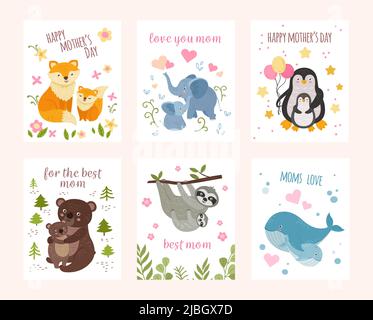 Niedliches Tier Muttertag. Mütter und Tiere Babys, Mama Urlaub Postkarten Vorlage. Neoteric niedlich wild Cartoon Kinder Umarmung Mama Vektor drucken Stock Vektor