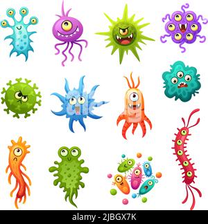 Cartoon-Viren. Keime Virus Charakter, lustige Bakterienarten. Kranke oder grippeähnliche Mikroben, böse und niedliche gruselige Monster. Isolierter medizinischer Vektor Stock Vektor