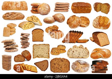 Auswahl an verschiedenen Brotsorten isoliert auf weißem Hintergrund, im Studio gemacht. Eine Auswahl an frisch gebackenem Brot, isoliert auf weißem Hintergrund Stockfoto