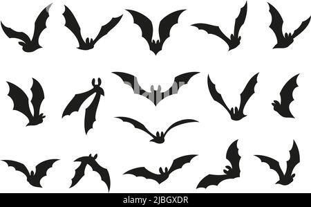 Fliegende Fledermaus Silhouetten. Isolierte schwarze Fledermäuse, grafische Vampir-Symbole gesetzt. Gothic halloween Schwarm fliegen Tiere. Horror gruselig ordentlich dekorative Schablone für Stock Vektor