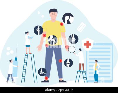 Arthritis-Konzept mit winzigen Ärzten und Krankenschwestern. Rheumatische Erkrankung, Behandlung Schulter, Knie, Hand. Menschlicher Körper und Knochen auf Rentgen, neuer Vektor Stock Vektor