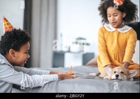 Zwei Kinder feiern den Puppenbundtag und bieten ihm einen Pfannkuchen an Stockfoto