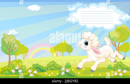 Ein süßes Lamm läuft durch eine blühende Wiese. Kinder Cartoon Hintergrund. Vektorgrafik. Layout der Deckblatt-Vorlage. Anwendbar für Notebooks, pl Stock Vektor