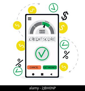Genehmigte Darlehen, gute Bonitätsbewertung im Internet-Banking. Illustration Vektor. Zurückgezahlt Darlehen, gute finanzielle Lage, Verschuldung der Nutzer, Darlehen appli Stock Vektor