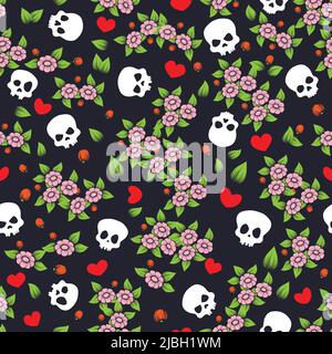 Totenköpfe und Herzen Tapete im floralen Dessin Stock Vektor