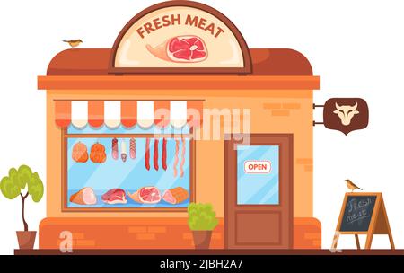 Fleischgeschäft wird gebaut. Würste Markt Metzgerei im Freien, Lebensmittelgeschäft Deli kaufen Menü Schweinefleisch Steak Schaufenster Rindfleisch Delikatessen Metzgerei Zähler Schaufenster ordentlich Vektor-Illustration. Feinschmeckergeschäft kaufen Stock Vektor