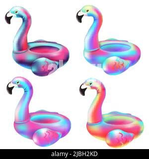 3D holographischer Flamingo. Machen aufblasbare Neon Gradienten Spielzeug, realistische Sommer schwimmen Rohr Strand Tier Objekt Reise minimal Wildlife Urlaub Dekor Party, Vektor-Illustration von Flamingo aufblasbar Stock Vektor
