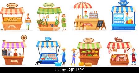 Verkaufsstand. Zelt Handel Lebensmittelmarkt, Landwirtschaft fair Festival Brotverkäufer lokalen Kaufmann asiatische Meeresfrüchte-Stand, Metzgerei Shop Bauernhof Kiosk, Cartoon ordentlich Vektor-Illustration Stock Vektor