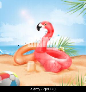 3D Flamingo Flyer. Sommer Hintergrund Sommer Pool Party, aufblasbare Strand Ring für Schwimmen Ozean Wasser Splash, rosa aufblasbare Spaß Spielzeug Urlaub Wochenende, ordentlich Vektor-Illustration der Sommerzeit Stock Vektor
