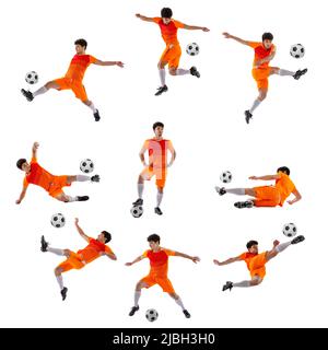 Mosaik von Bewegungen. Collage aus Aufnahmen eines professionellen Fußballspielers mit Ball in Bewegung, Action isoliert auf weißem Hintergrund. Angriff, Verteidigung Stockfoto