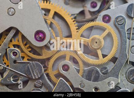Fertigungs- oder Industriehintergrund. Concept Teamwork oder Idea Technology. Zahnräder und Zahnräder im Uhrwerk. Makro. Stockfoto