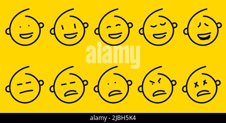 Satz von Umrissemoticons Gesicht Symbol. Schwarze Linie Emoji auf gelb isolierten Hintergrund. Vektorgrafik. Stock Vektor