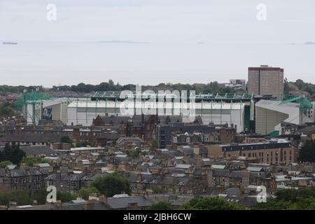 Blick auf den Fußballplatz der Easter Road, der Heimat des Hibernian FC in Edinburgh Stockfoto