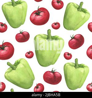 Reife Tomaten, grüner Paprika nahtloses Muster auf weißem Hintergrund. Aquarell Handzeichnung Illustration. Kunst für die Dekoration, Gestaltung des Druckes, t Stockfoto