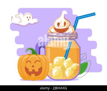 Kürbis orange Halloween Cocktail mit Schlagsahne und Geist Form Freakshake für Party Festliches Getränk Kürbissaft oder Smoothie Essen und Trinken Isol Stock Vektor