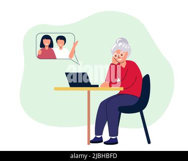 Glückliche Großmutter mit Laptop ruft Enkelkinder nette alte Frau, die am Computer zu Hause arbeitet Online-Bildung Web-Kurse Moderne Technologien und alt Stock Vektor