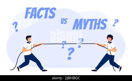 Mythen vs Fakten Vektor-Illustration auf weißem Hintergrund zwei Männer ziehen am Seil und beweisen, wo die Wahrheit und wo die Lüge ist. Konzept des Thorou Stock Vektor