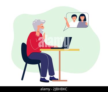 Glücklicher Großvater mit Laptop ruft Enkel nette alte Männer arbeiten am Computer zu Hause Online-Bildung Web-Kurse Moderne Technologien und alte ag Stock Vektor