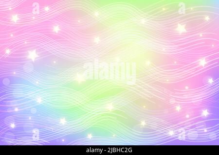 Rainbow Fantasy Hintergrund. Holografische Darstellung in Pastellfarben. Niedliche Cartoon girly Hintergrund. Heller, farbenfroher Himmel mit Sternen und Wellen Stock Vektor
