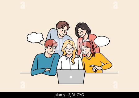 Die Gruppe verschiedener Personen betrachtet das Brainstorming zum Laptop-Bildschirm und kooperiert gemeinsam am Projekt. Lächelndes Team kooperiert am Computer und diskutiert Ideen. Teamarbeit. Vektorgrafik. Stock Vektor
