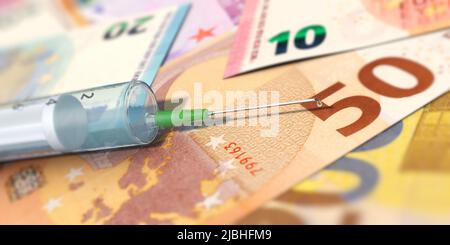 Impfkosten - Eine Spritze liegt auf Euro-Banknoten Stockfoto