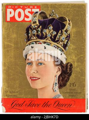 Cover des Vintage Picture Post Magazins mit der Krönung von Königin Elizabeth II. Am 2. Juni 1953. (UK) Stockfoto