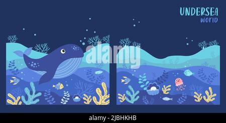 Tropische quadratische Postersammlung mit Blauwal und Meeresboden, Unterwasserwelt Landschaft, Pflanzen, Quallen und Fischen, Korallen, Perlen. Vektorgrafik Stock Vektor