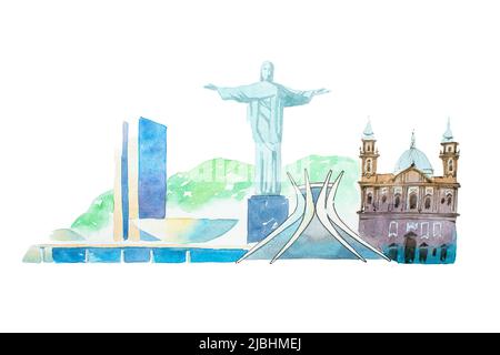 Berühmte brasilianische Wahrzeichen Reise und Tourismus waercolor Illustration Stockfoto