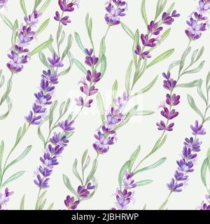 Muster mit Lavendelblüten und Blättern auf hellgrünem Hintergrund, Aquarell-Illustration Stockfoto