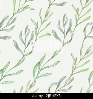 Muster mit zarten grünen Blättern, Aquarell-Illustration Stockfoto