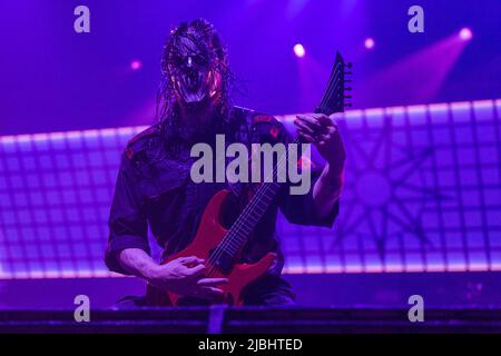 Moline, USA. 05.. Juni 2022. Mick Thomson von Slipknot während der Knotfest Roadshow am 5. Juni 2022 im Taxslayer Center in Moline, Illinois (Foto von Daniel DeSlover/Sipa USA) Quelle: SIPA USA/Alamy Live News Stockfoto