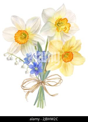 Frühlingsblumen, Blumenstrauß mit Narzissen, Aquarell-Illustration Stockfoto