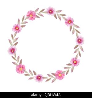 Kranz aus rosa Primrose-Blumen, Platz für Text, Aquarell-Illustration Stockfoto