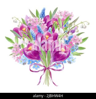 Frühlingsstrauß mit violetten Krokussen, Aquarell-Illustration Stockfoto