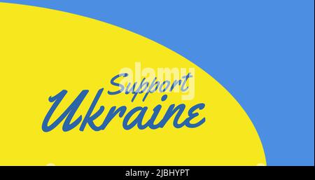 Bild der Unterstützung ukraine Text auf blauem und gelbem Hintergrund Stockfoto