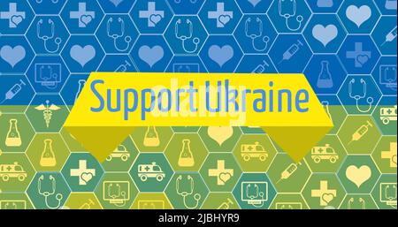 Bild der Unterstützung ukraine Text über medizinischen Symbolen Stockfoto