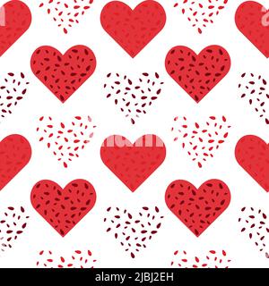 Helles, nahtloses abstraktes Muster aus herzförmigen Figuren in trendigen Farbtönen. Hintergrund, Textur. Isolieren. Modisches Druckdesign. Gitter für Poster, Postkarte, Grußkarte, Preisschild, Banner. Lifestyle. Stock Vektor