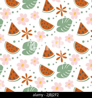 Nahtloses Sommermuster in trendigen, gedämpften Farbtönen mit handgezeichneten Sommerelementen wie Wassermelonenscheibe, Blumen und exotischen Monstera-Blättern. Mode-Druck-Design, Vektor-Illustration Stock Vektor