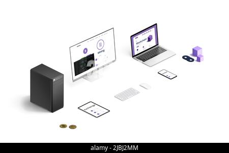 Blockchain-Mining-Konzept mit Computer, Laptop, Tablet und Smartphone. Geräte führen Kryptowährungen-Mining, Wallet- und Exchange-Vorgänge durch. Blockc Stockfoto