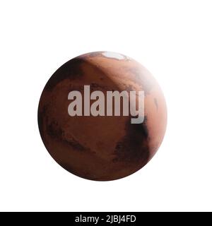 Hochauflösender Planet Mars von Sonnensystem mit Sonneneinstrahlung Schatten 3D Rendern isoliert auf weißem Hintergrund. Elemente dieses Bildes, die von der NASA eingerichtet wurden. Stockfoto