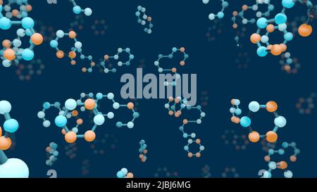 Gruppe von Molekülen mit einer Hexagon-Struktur mit blauen und orangefarbenen Kugeln, die zufällig auf einem dunkelblauen Hintergrund schweben. 3D Abbildung Stockfoto