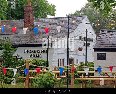 Pickering Arms Biergarten, Bell Lane, Thelwall, Warrington, Cheshire, ENGLAND, GROSSBRITANNIEN, WA4 2SU Stockfoto