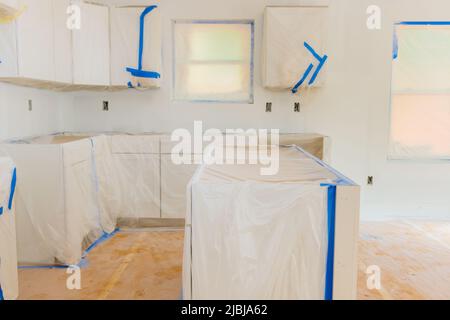 Haus Renovierung Küche im Prozess der Reparatur Finishing-Arbeiten Stockfoto