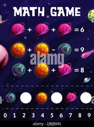 Cartoon Raum Planeten Mathematik Spiel Arbeitsblatt. Lernen Sie Teaser zählen, Puzzle für Addition und Subtraktion Mathematik Fähigkeiten Entwicklung. Vector ducation Labyrinth Rätsel Aktivität für Kinder Stock Vektor