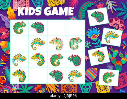 Sudoku Kinder Spiel. Cartoon mexikanische Chamäleons Vektor Rätsel Arbeitsblatt mit Cartoon alebrije Eidechsen an Bord. Pädagogische Kinder Aufgabe, Rebus Teaser Brettspiel Puzzle für Vorschule Baby Freizeit Stock Vektor