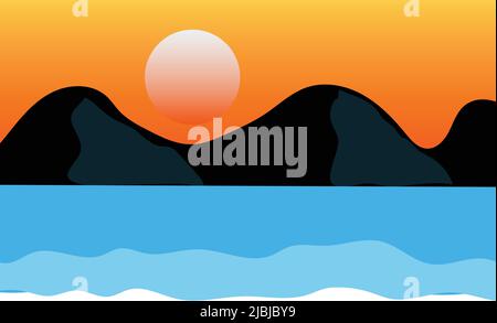 Berglandschaft mit schwarzen Silhouetten Hügeln unter orange roten Wolken. Rot-weißer Mond-Hintergrund mit blauem Meerblick, Cartoon-Vektor-Illustration. Stock Vektor