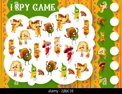 Ich spioniere Spiel, mexikanisches Essen und Musiker-Charaktere. Vektor-Puzzle für Kinder mit tex mex tacos, Avocado, Chili oder Jalapeno Pfeffer und Burrito, Enchilada Persönlichkeiten . Cartoon Rätsel Arbeitsblatt Stock Vektor