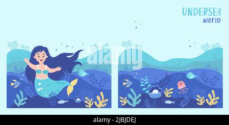 Unterwasser quadratisches Poster mit niedlicher Meerjungfrau auf dem Meeresboden, Unterwasserwelt Landschaft, Pflanzen, Quallen und Fische, Korallen und Perlen. Vektorgrafiken Stock Vektor