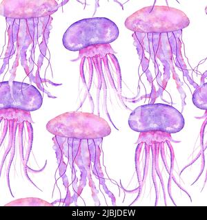 Aquarell handgezeichnete nahtlose Muster mit Unterwassermarine nautische Tiere Muscheln Fische. Lila blaue Seepferd Algen Quallen, Meer Meer Sommer Urlaub Strand Hintergrund, türkisfarbenes Stoffdruck Stockfoto